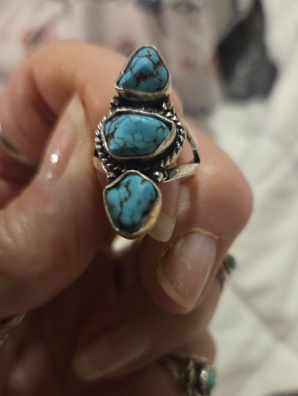 Handmade Turquoise Triple Stone Silver Ring - Women Jewelry